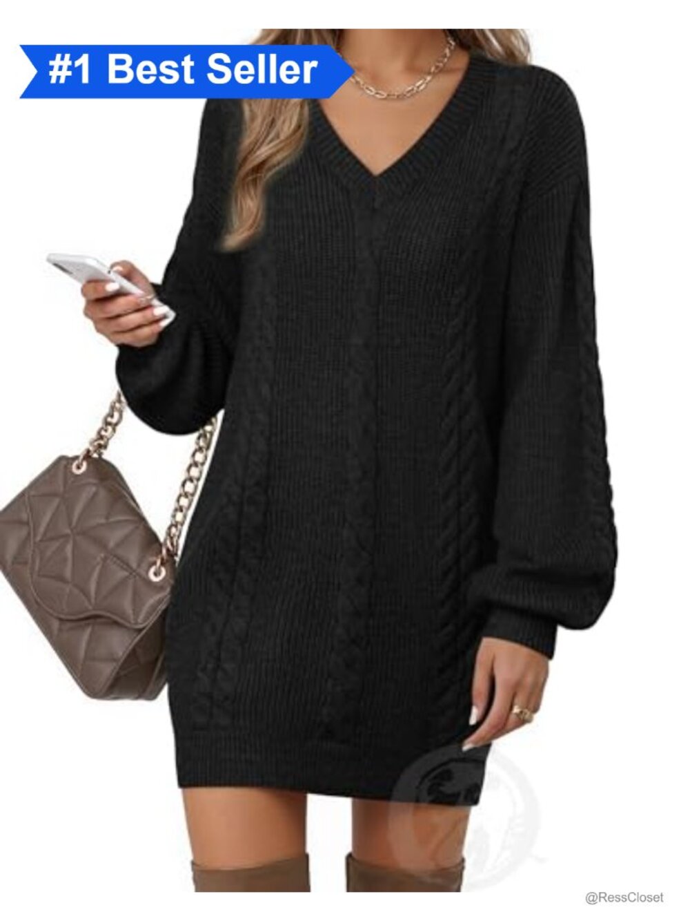 V Neck Lantern Sleeve Knit Mini Sweater Dress Long Sleeve Pullover